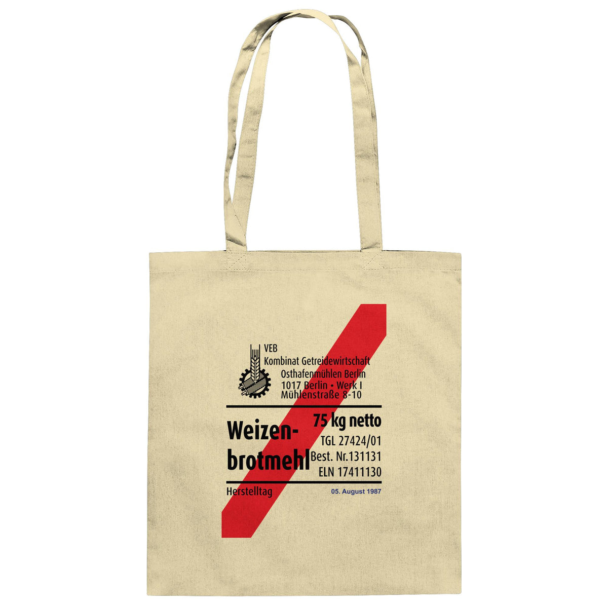 DDR Ostalgie Baumwolltasche • WEIZENMEHL - VEB KOMBINAT GETREIDEWIRTSCHAFT (ORIGINAL-VERPACKUNG)