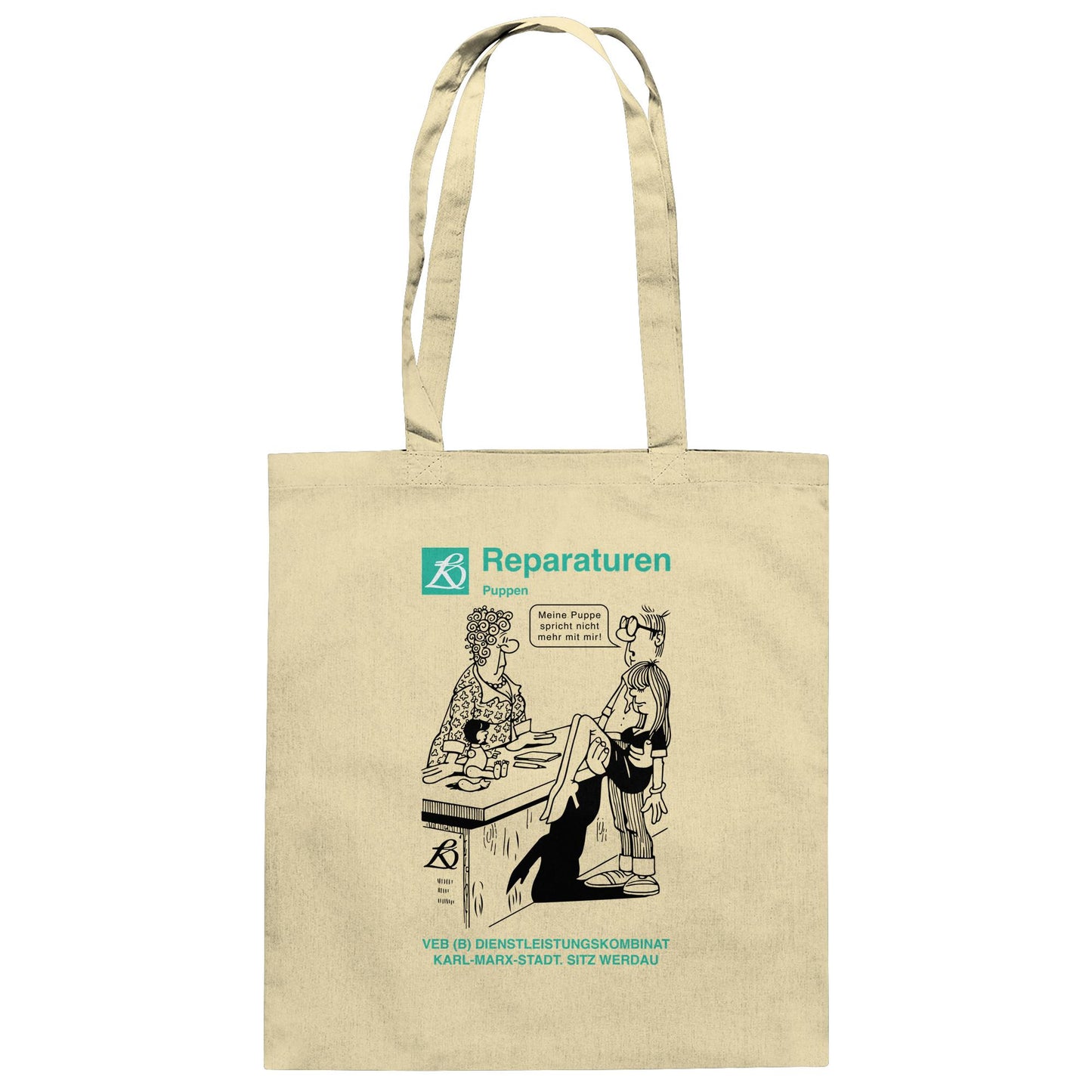 DDR Ostalgie Baumwolltasche • VEB REPARATUREN, PUPPEN, WERDAU - KARL-MARX-STADT (ORIGINAL POSTER)