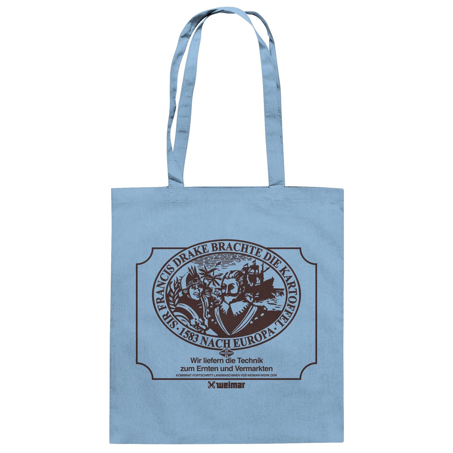 DDR Ostalgie Baumwolltasche • FRANCIS DRAKE BRACHTE DIE KARTOFFEL - KOMBINAT FORTSCHRITT WEIMAR