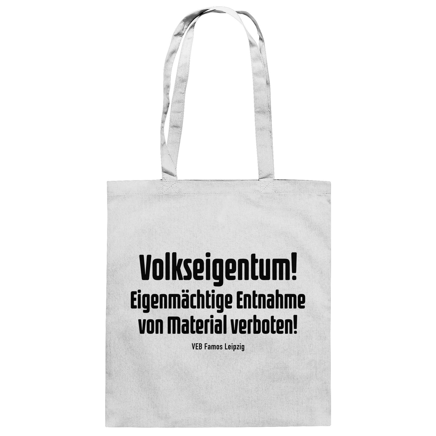 DDR Ostalgie Baumwolltasche • VOLKSEIGENTUM! (HINWEIS-SCHILD VEB FAMOS LEIPZIG)