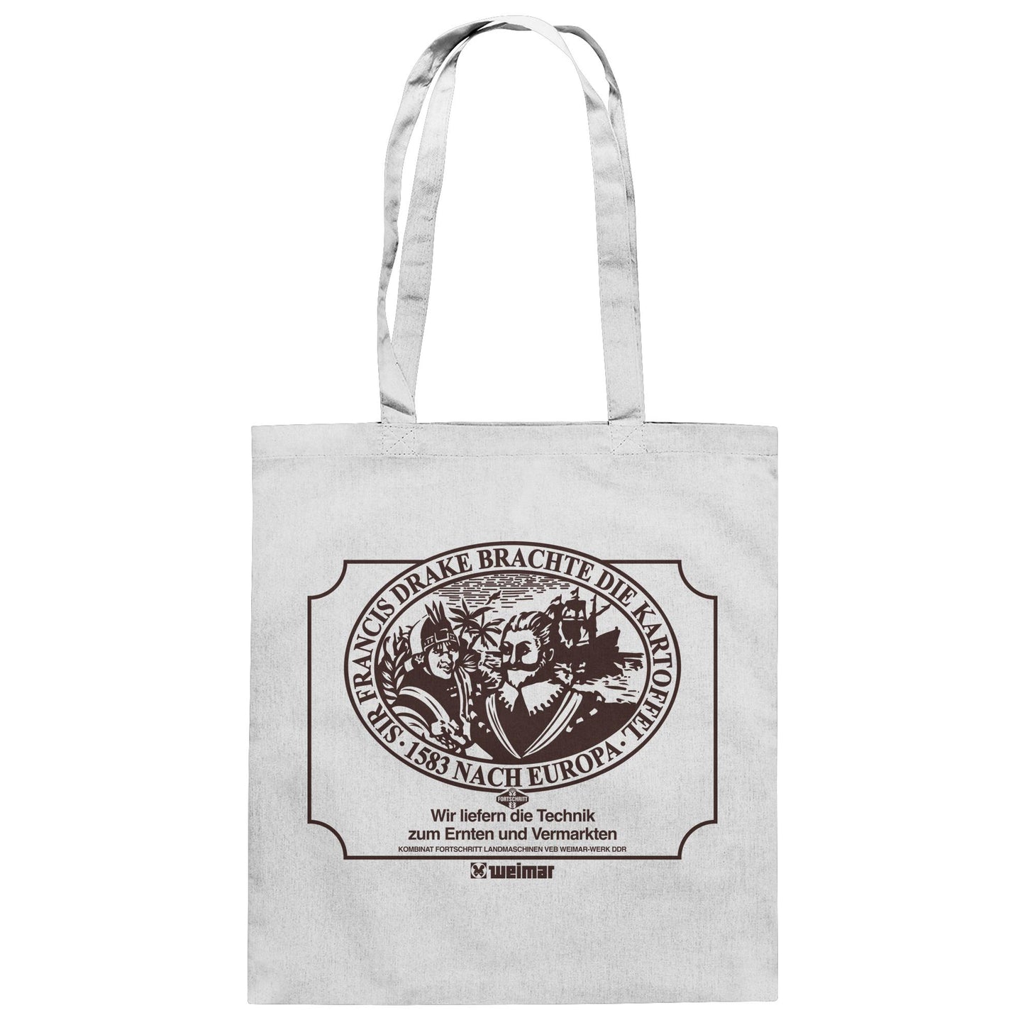 DDR Ostalgie Baumwolltasche • FRANCIS DRAKE BRACHTE DIE KARTOFFEL - KOMBINAT FORTSCHRITT WEIMAR