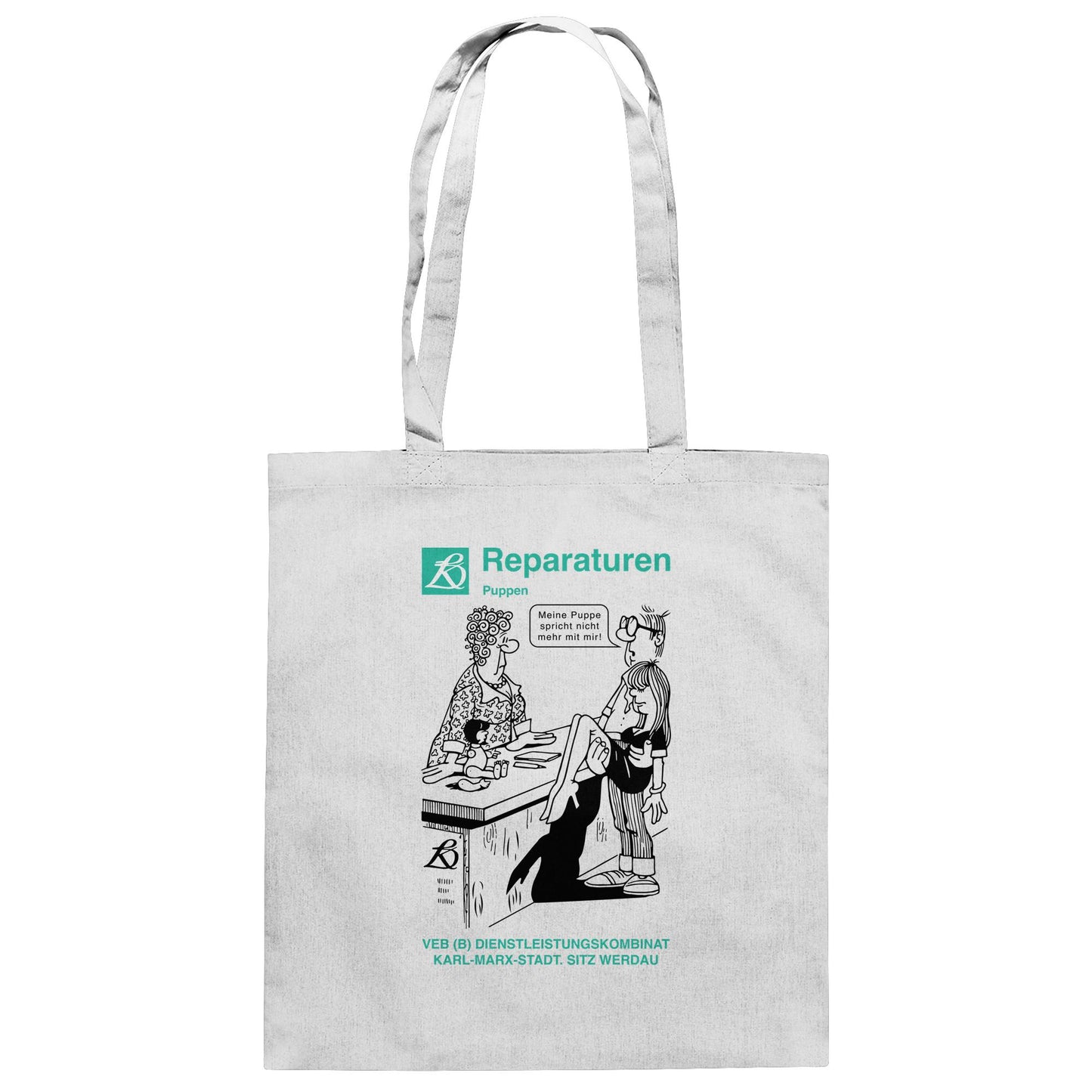 DDR Ostalgie Baumwolltasche • VEB REPARATUREN, PUPPEN, WERDAU - KARL-MARX-STADT (ORIGINAL POSTER)
