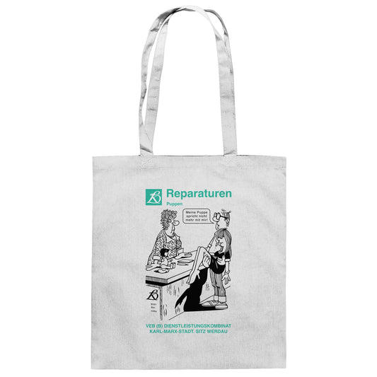 DDR Ostalgie Baumwolltasche • VEB REPARATUREN, PUPPEN, WERDAU - KARL-MARX-STADT (ORIGINAL POSTER)