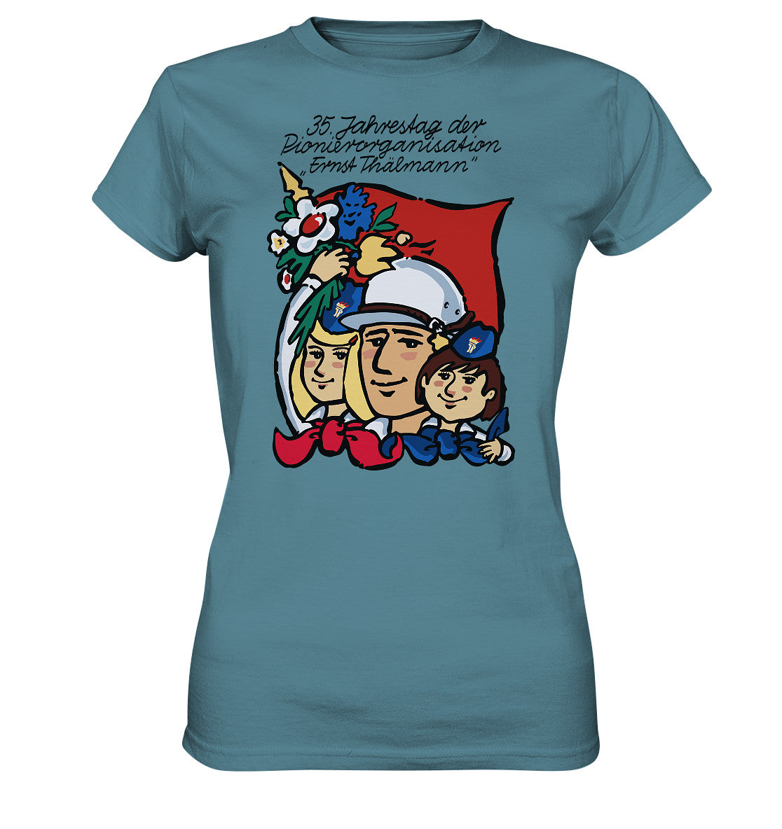 DDR Ostalgie Shirt Mädels • 35 JAHRE PIONIERORGANISATION ERNST THÄLMANN (ORIGINAL DDR-PLAKAT)