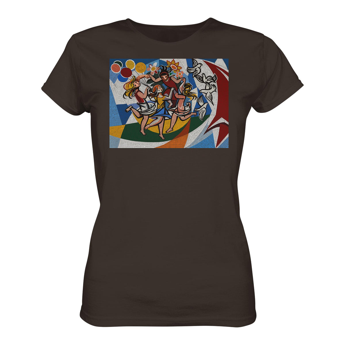 DDR Ostalgie Shirt Mädels • WALTER WOMACKA - TANZENDE MÄDCHEN MIT FRIEDENSTAUBEN MIT MOSAIK-HINTERGRUND (HAUS DES LEHRERS, 1964)