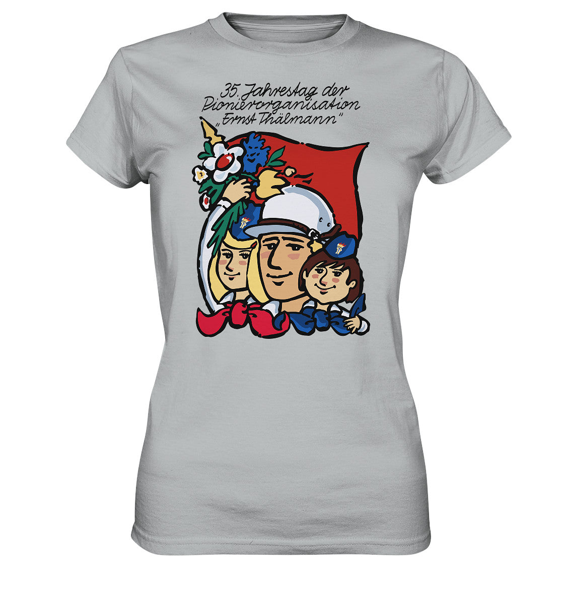 DDR Ostalgie Shirt Mädels • 35 JAHRE PIONIERORGANISATION ERNST THÄLMANN (ORIGINAL DDR-PLAKAT)