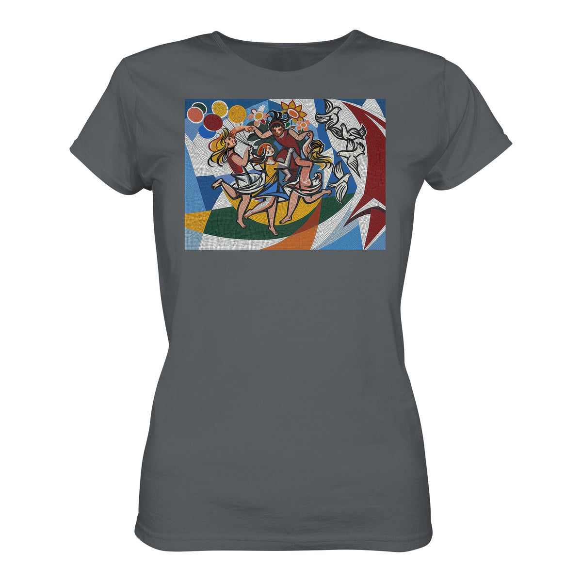 DDR Ostalgie Shirt Mädels • WALTER WOMACKA - TANZENDE MÄDCHEN MIT FRIEDENSTAUBEN MIT MOSAIK-HINTERGRUND (HAUS DES LEHRERS, 1964)