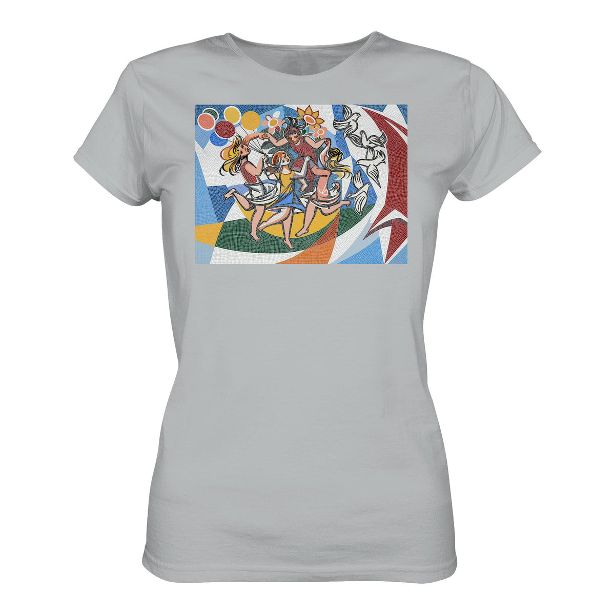DDR Ostalgie Shirt Mädels • WALTER WOMACKA - TANZENDE MÄDCHEN MIT FRIEDENSTAUBEN MIT MOSAIK-HINTERGRUND (HAUS DES LEHRERS, 1964)
