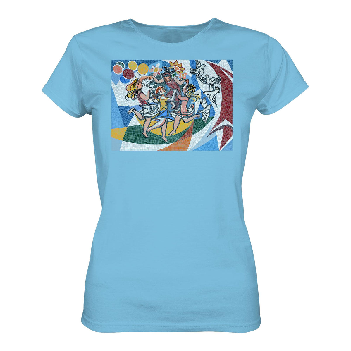 DDR Ostalgie Shirt Mädels • WALTER WOMACKA - TANZENDE MÄDCHEN MIT FRIEDENSTAUBEN MIT MOSAIK-HINTERGRUND (HAUS DES LEHRERS, 1964)