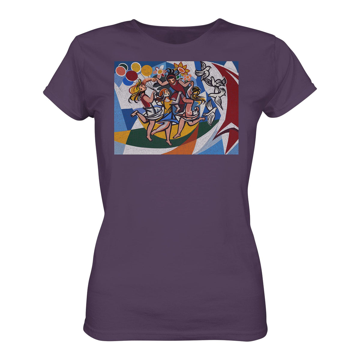 DDR Ostalgie Shirt Mädels • WALTER WOMACKA - TANZENDE MÄDCHEN MIT FRIEDENSTAUBEN MIT MOSAIK-HINTERGRUND (HAUS DES LEHRERS, 1964)
