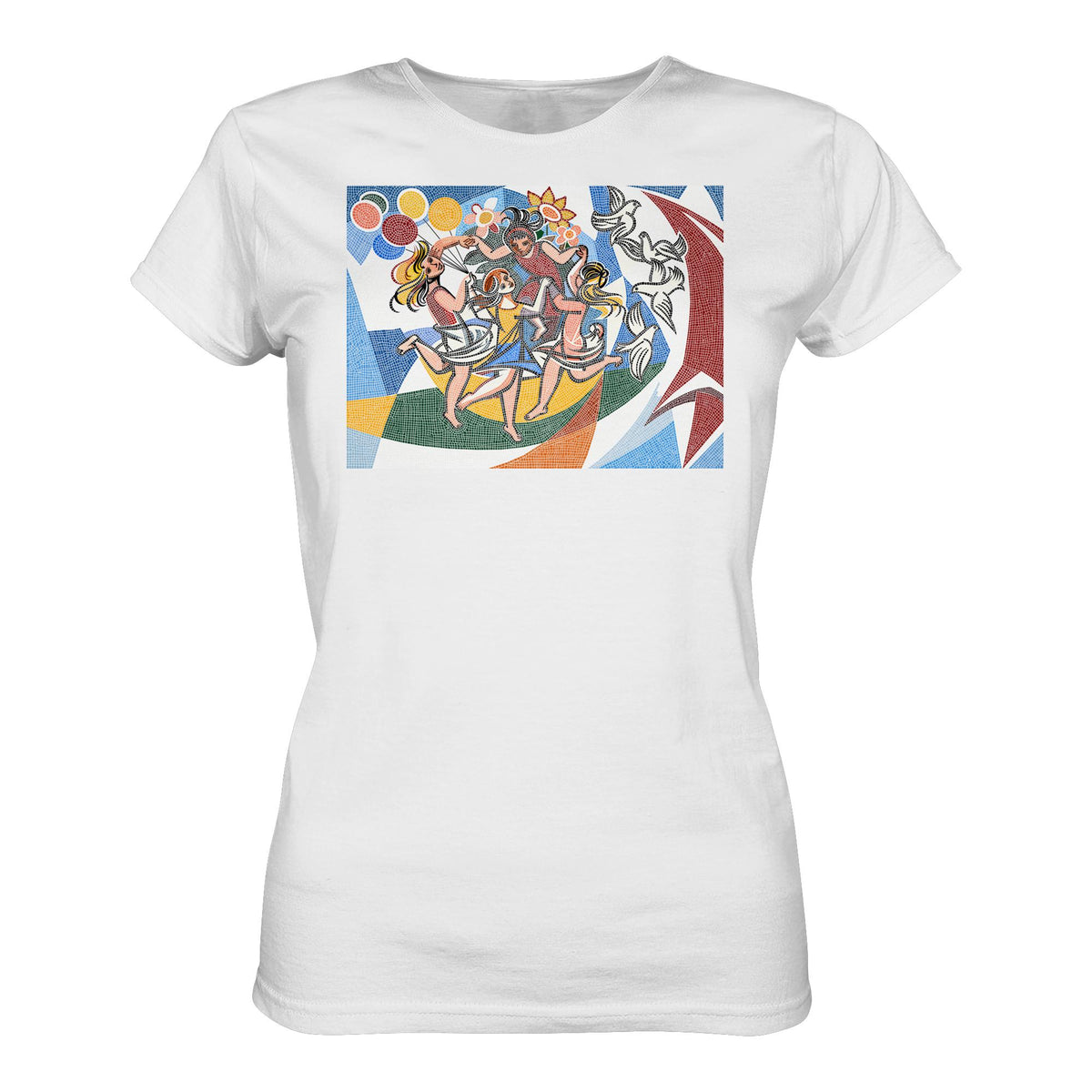 DDR Ostalgie Shirt Mädels • WALTER WOMACKA - TANZENDE MÄDCHEN MIT FRIEDENSTAUBEN MIT MOSAIK-HINTERGRUND (HAUS DES LEHRERS, 1964)