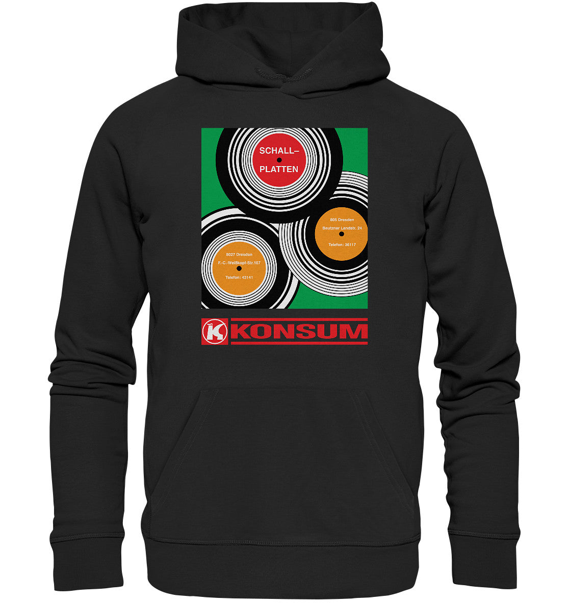 DDR Ostalgie Kapuze / Organic Hoodie Unisex • KONSUM SCHALLPLATTEN DRESDEN