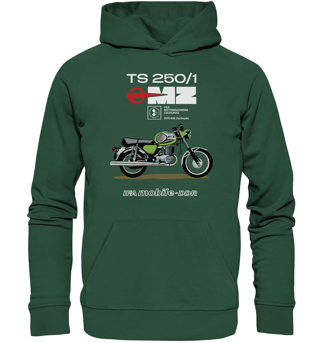DDR Ostalgie Kapuze / Organic Hoodie Unisex • MZ TS 250 GRÜN (ORIGINAL DDR-PLAKAT)