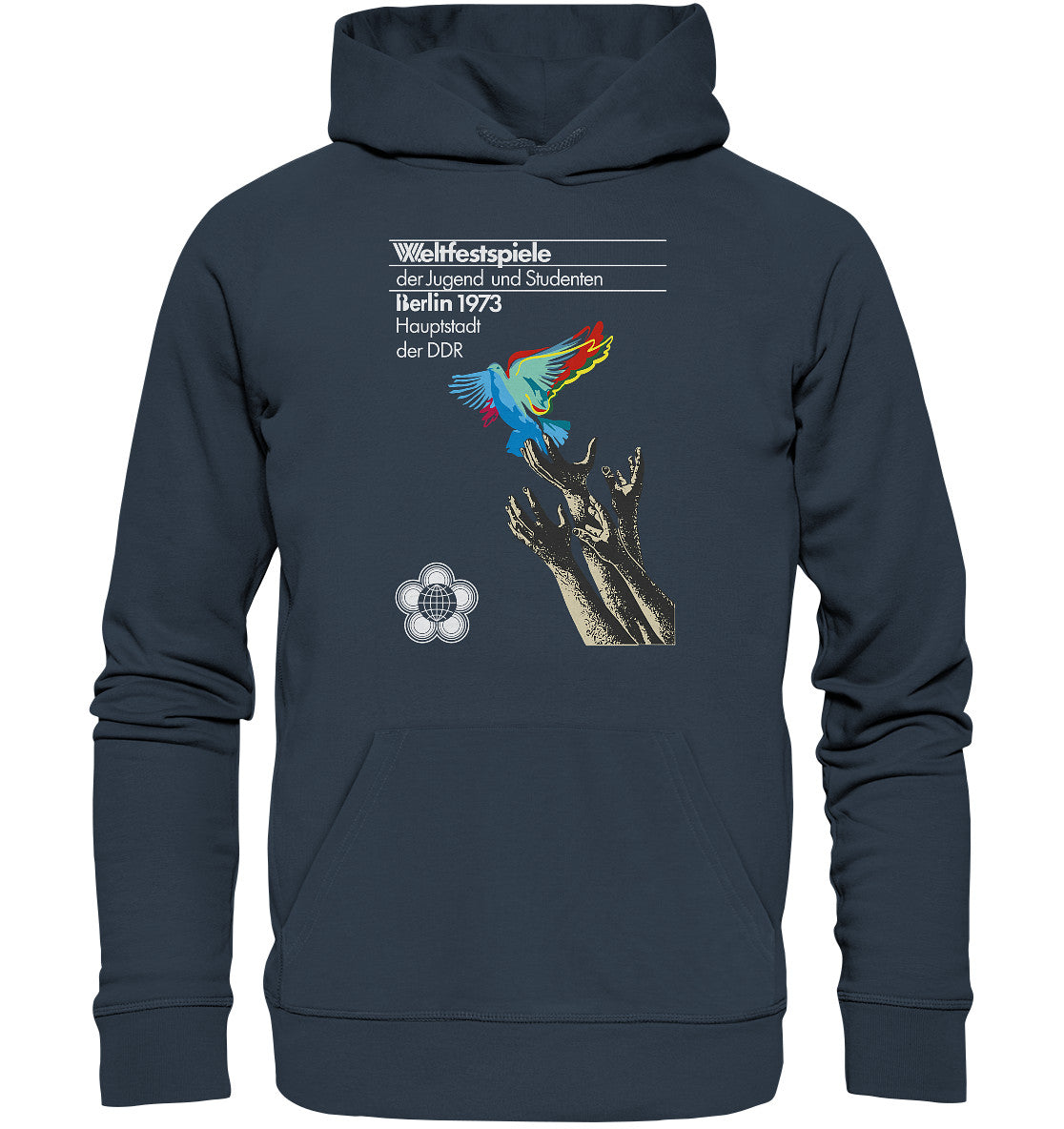 DDR Ostalgie Kapuze / Organic Hoodie Unisex • WELTFESTSPIELE BERLIN, DDR 1973 - FRIEDENSTAUBE