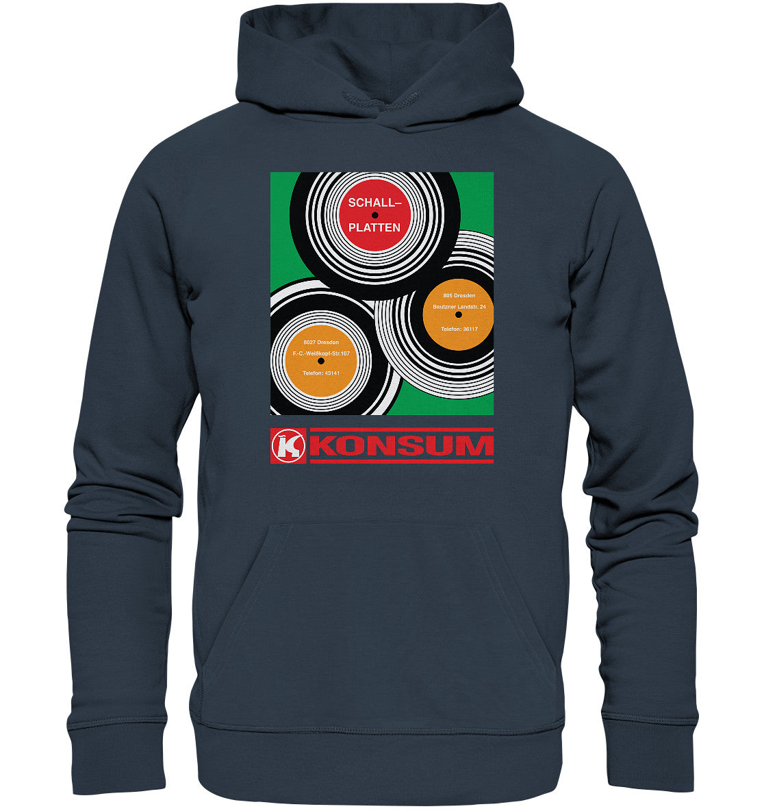 DDR Ostalgie Kapuze / Organic Hoodie Unisex • KONSUM SCHALLPLATTEN DRESDEN
