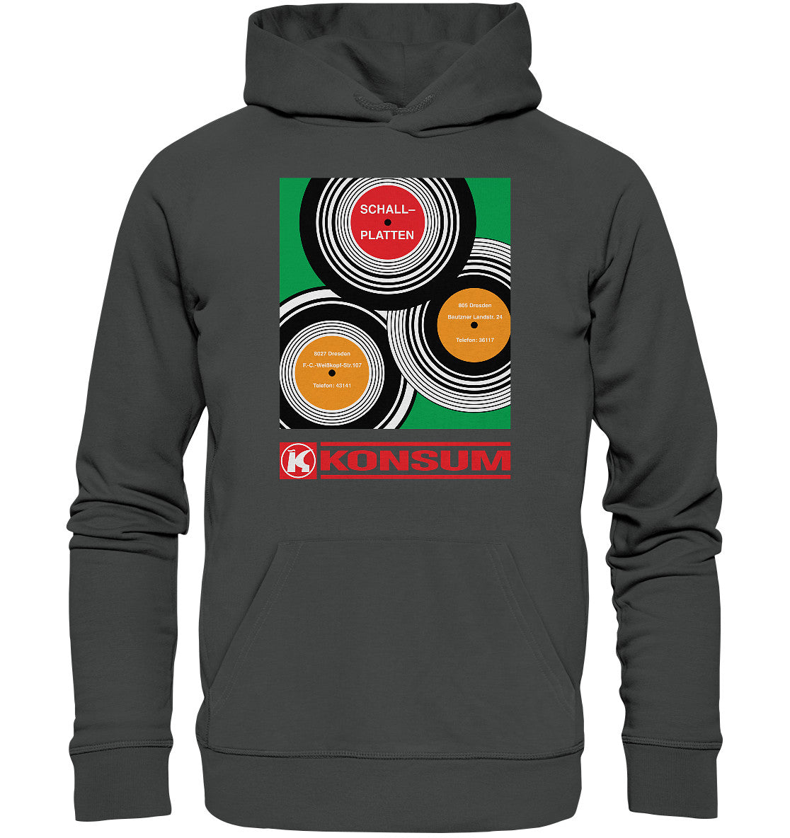 DDR Ostalgie Kapuze / Organic Hoodie Unisex • KONSUM SCHALLPLATTEN DRESDEN