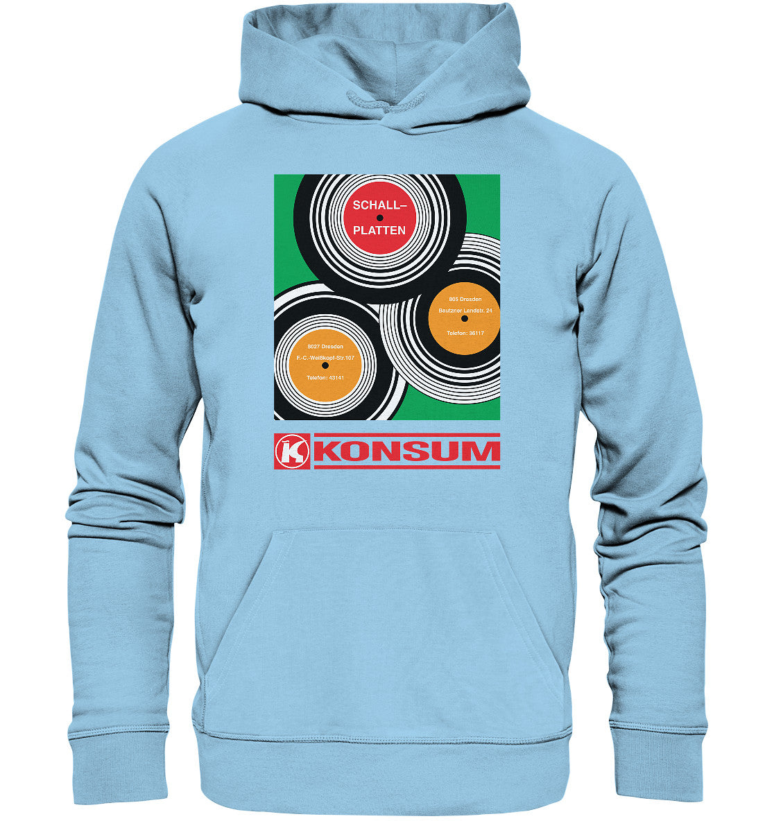 DDR Ostalgie Kapuze / Organic Hoodie Unisex • KONSUM SCHALLPLATTEN DRESDEN