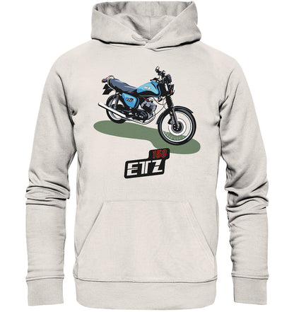 DDR Ostalgie Kapuze / Organic Hoodie Unisex • MZ ETZ 150 BLAU (ORIGINAL DDR-PLAKAT)