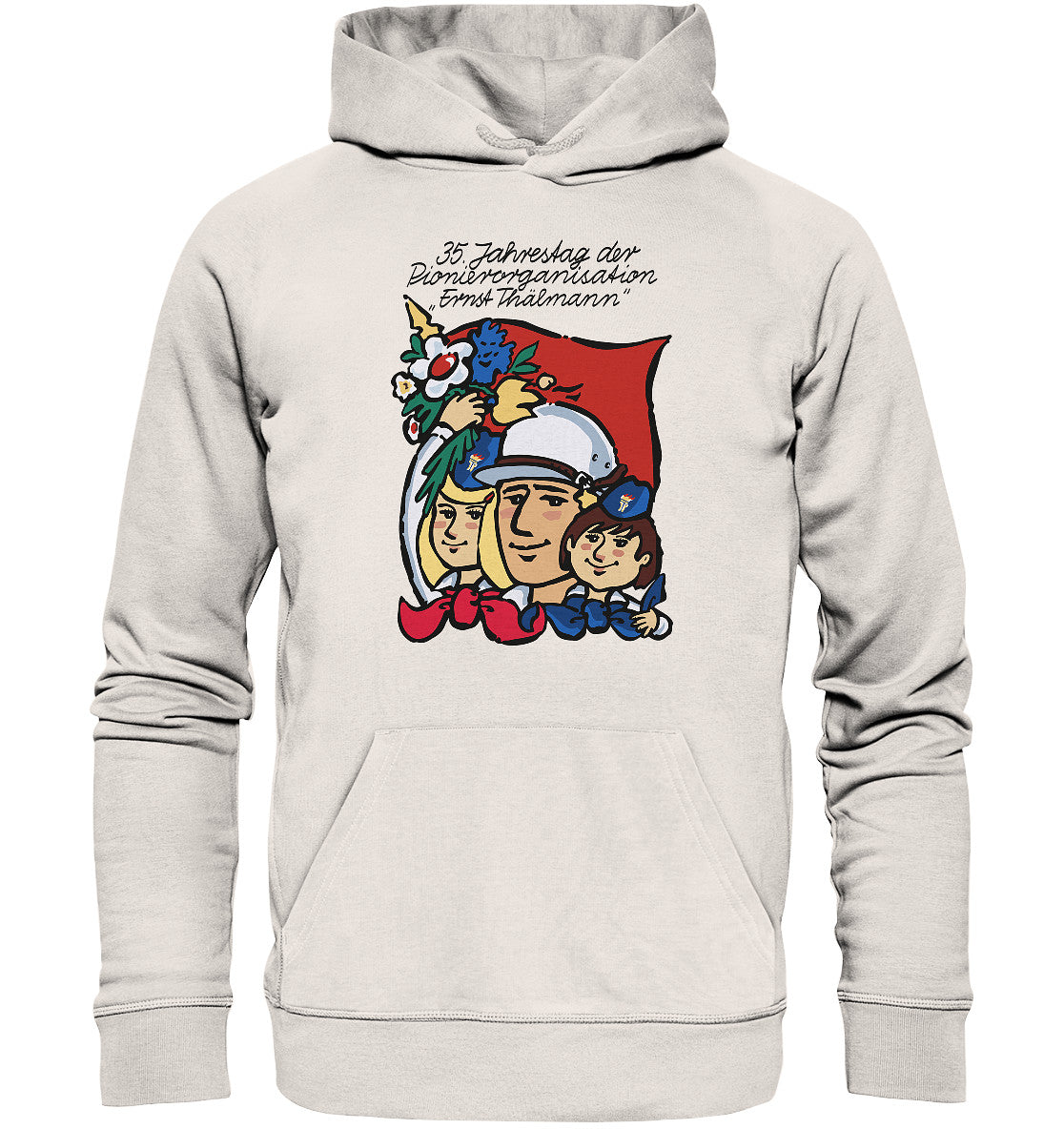 DDR Ostalgie Kapuze / Organic Hoodie Unisex • 35 JAHRE PIONIERORGANISATION ERNST THÄLMANN (ORIGINAL DDR-PLAKAT)