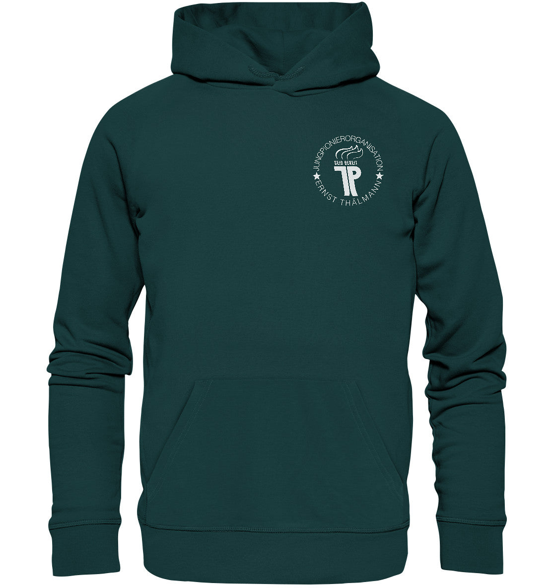 DDR Ostalgie Kapuze / Organic Hoodie Unisex • JUNGE PIONIERE - BRUST BADGE dunkel