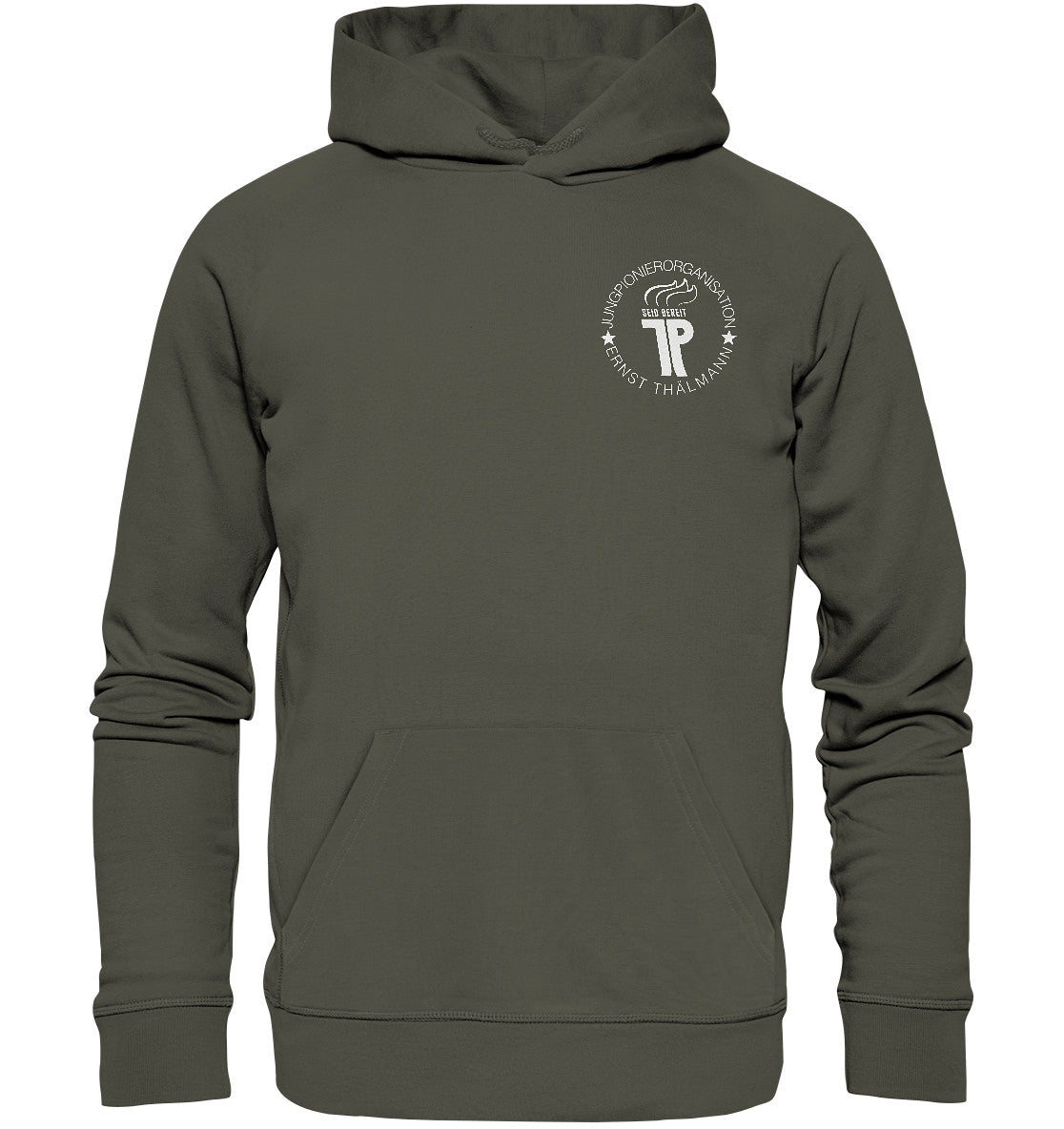 DDR Ostalgie Kapuze / Organic Hoodie Unisex • JUNGE PIONIERE - BRUST BADGE dunkel