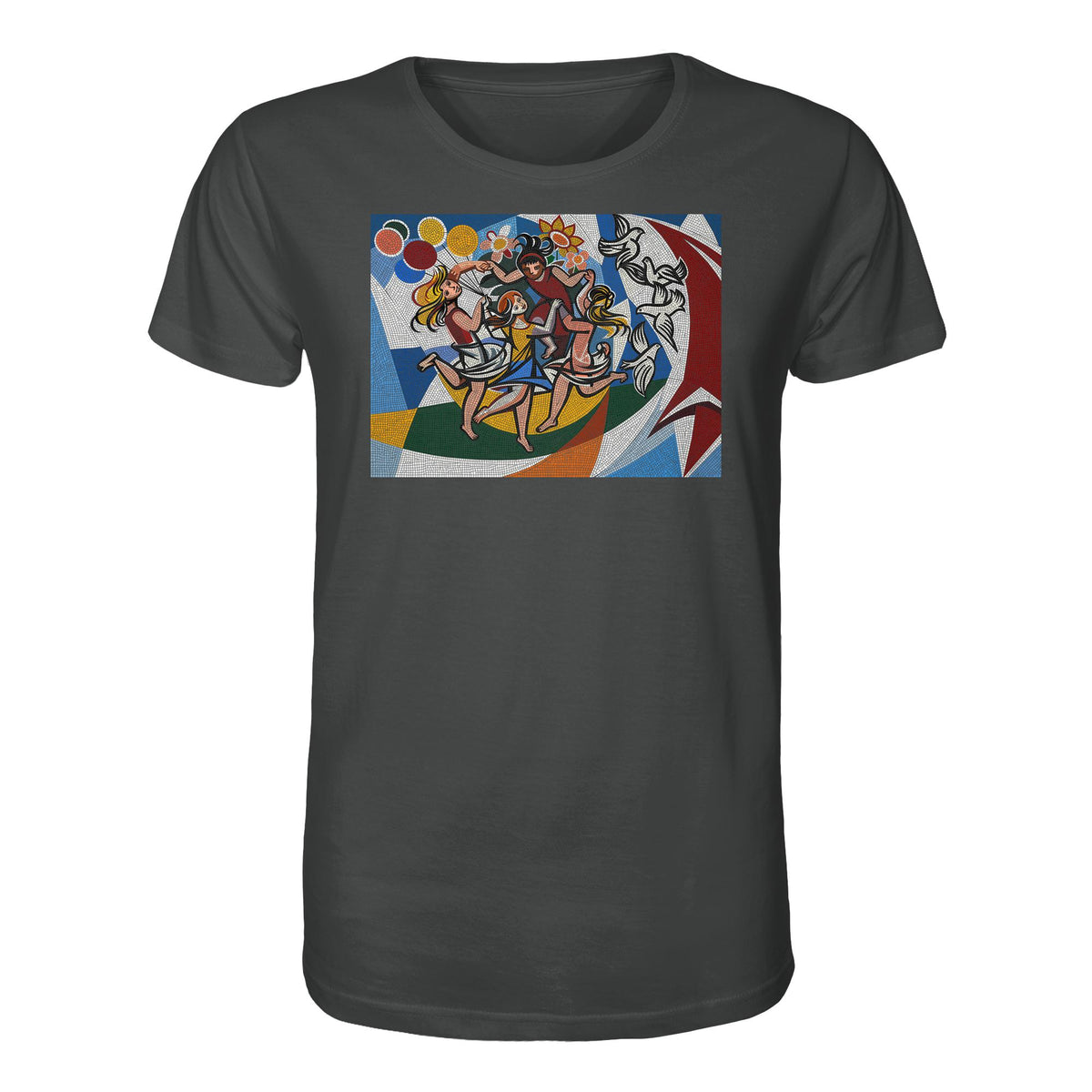 DDR Ostalgie Bio-Shirt Unisex • WALTER WOMACKA - TANZENDE MÄDCHEN MIT FRIEDENSTAUBEN MIT MOSAIK-HINTERGRUND (HAUS DES LEHRERS, 1964)
