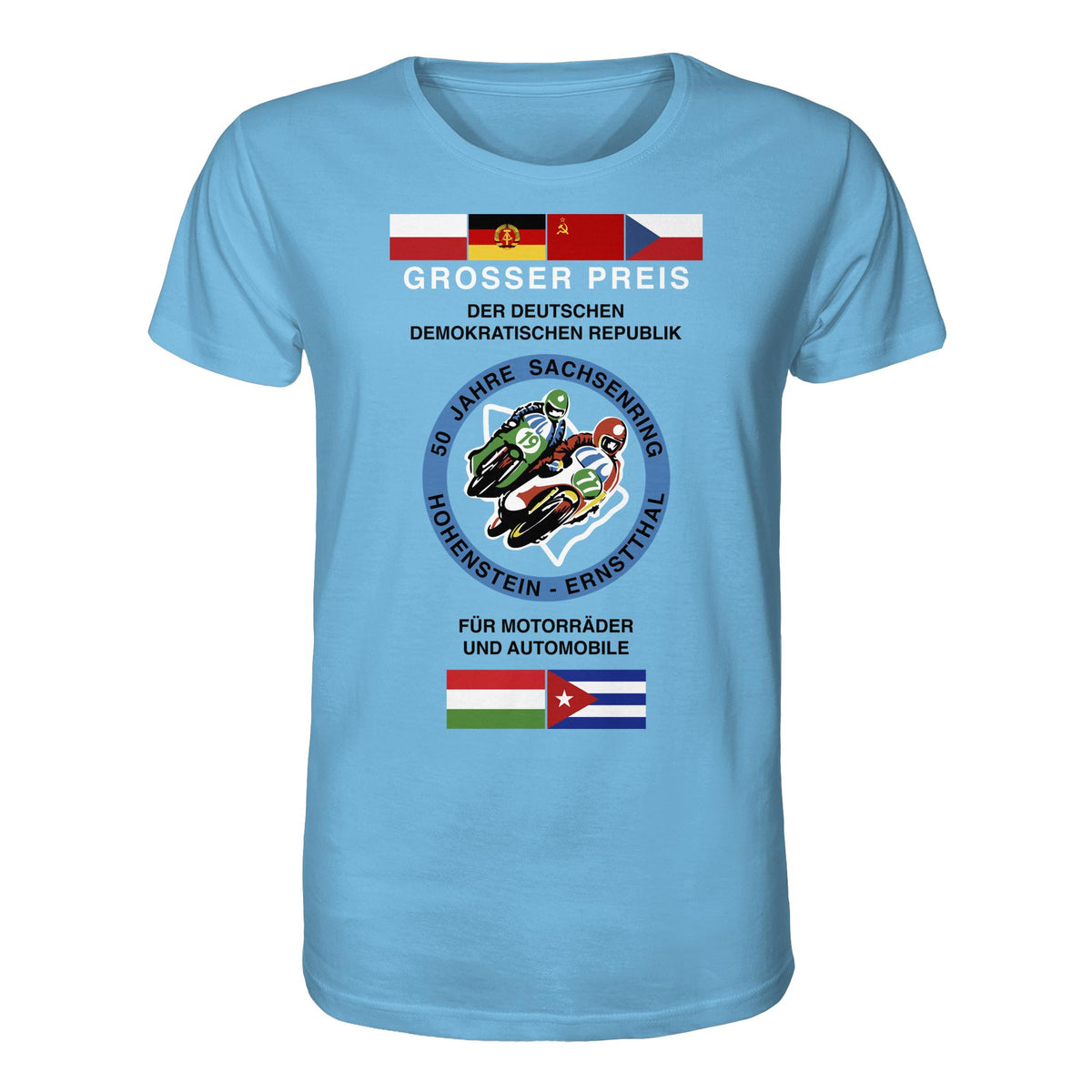 DDR Ostalgie Bio-Shirt Unisex • 50 JAHRE SACHSENRING - GROSSER PREIS DER DDR 1977