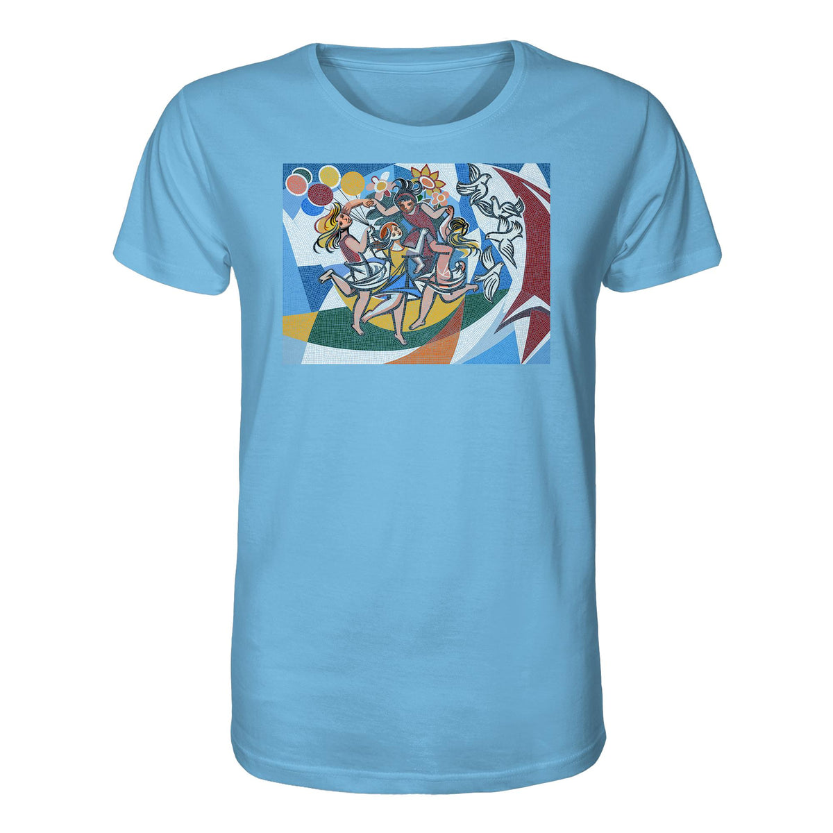 DDR Ostalgie Bio-Shirt Unisex • WALTER WOMACKA - TANZENDE MÄDCHEN MIT FRIEDENSTAUBEN MIT MOSAIK-HINTERGRUND (HAUS DES LEHRERS, 1964)