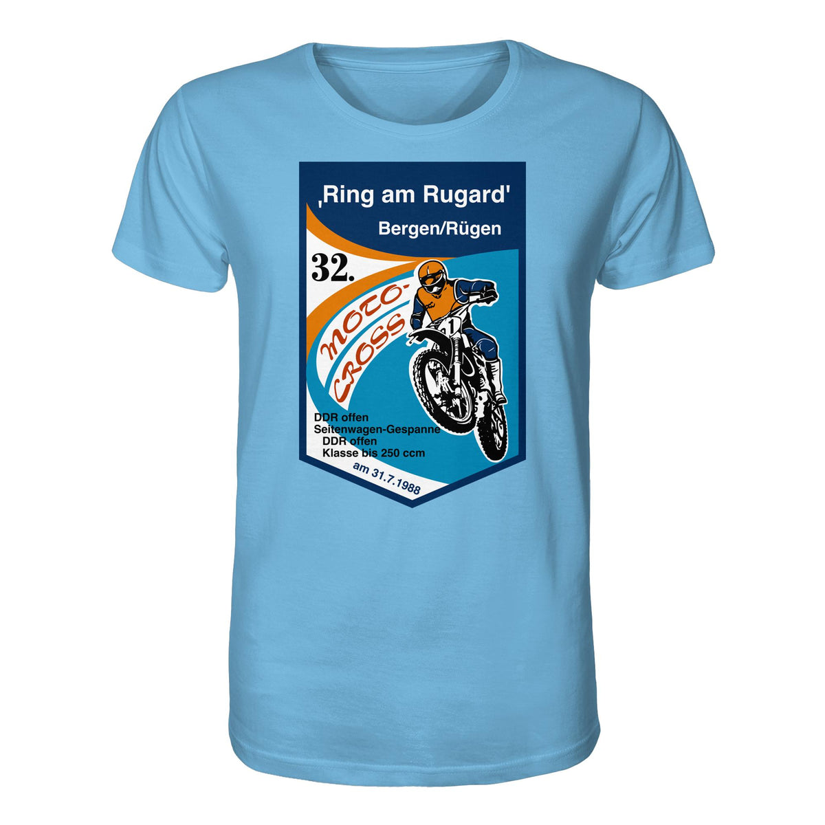 DDR Ostalgie Bio-Shirt Unisex • RING AM RUGARD, RÜGEN 32. MOTO-CROSS-RENNEN 1988 (ORIGINAL-WIMPEL)
