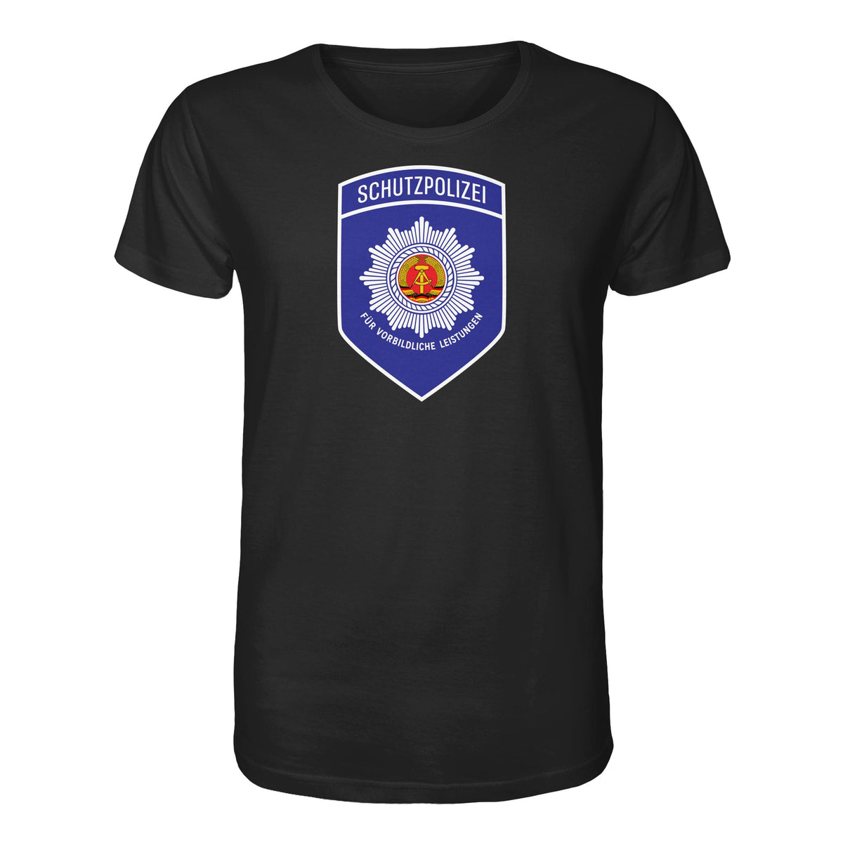 DDR Ostalgie Bio-Shirt Unisex • SCHUTZPOLIZEI - FÜR VORBILDLICHE LEISTUNGEN (ORIGINAL-AUFNÄHER)