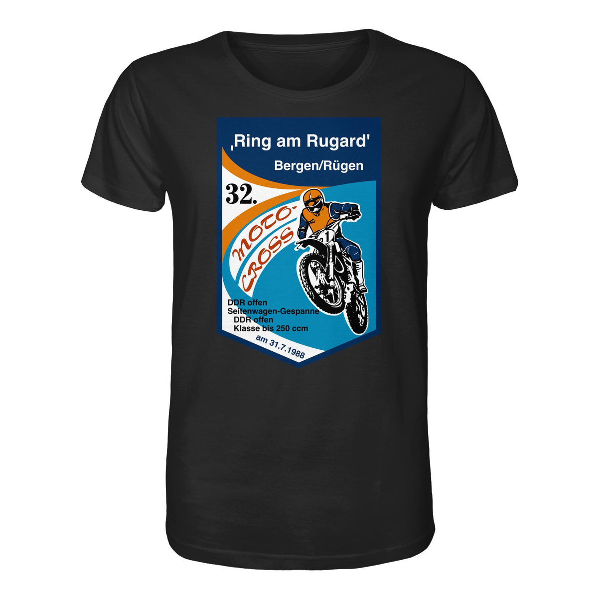 DDR Ostalgie Bio-Shirt Unisex • RING AM RUGARD, RÜGEN 32. MOTO-CROSS-RENNEN 1988 (ORIGINAL-WIMPEL)