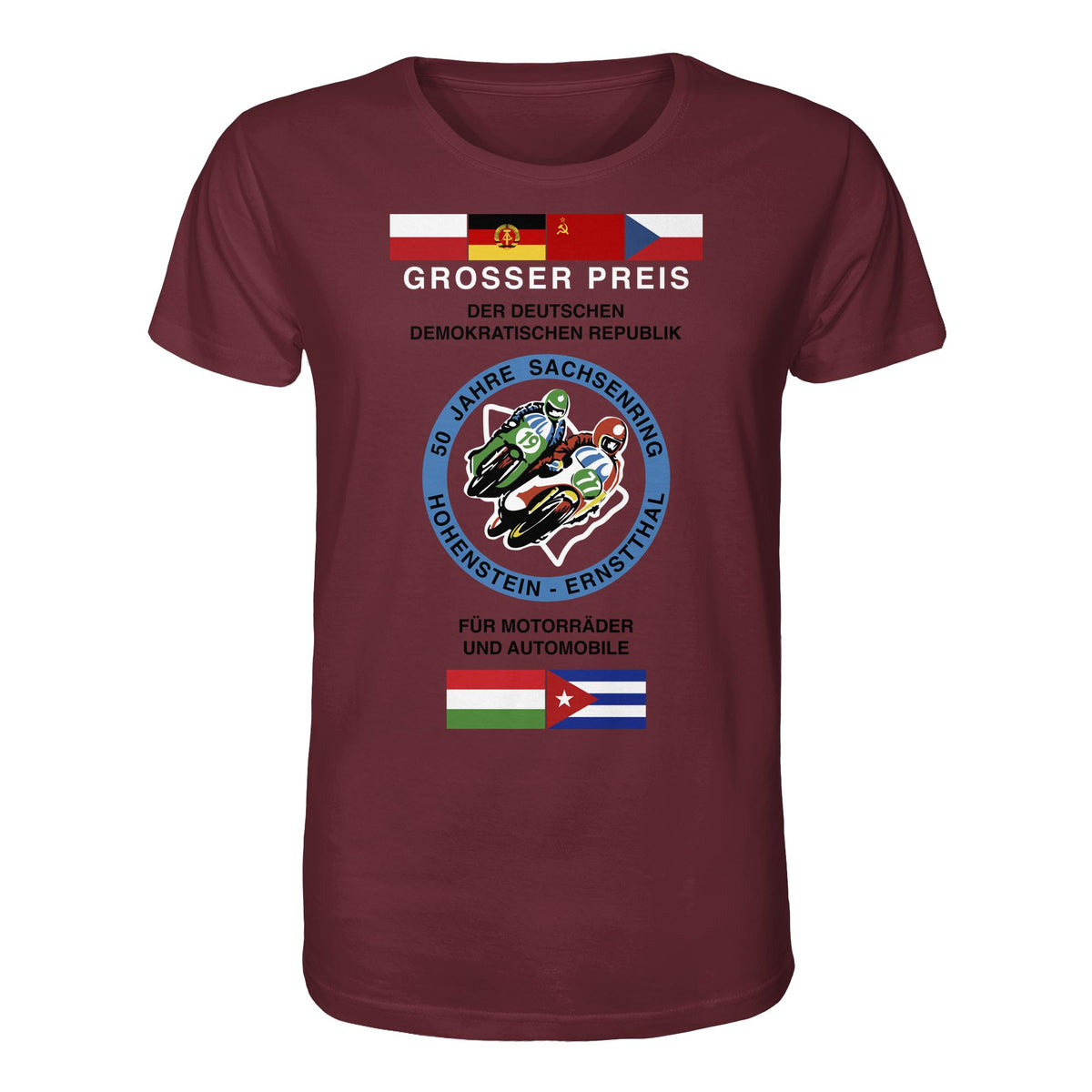 DDR Ostalgie Bio-Shirt Unisex • 50 JAHRE SACHSENRING - GROSSER PREIS DER DDR 1977