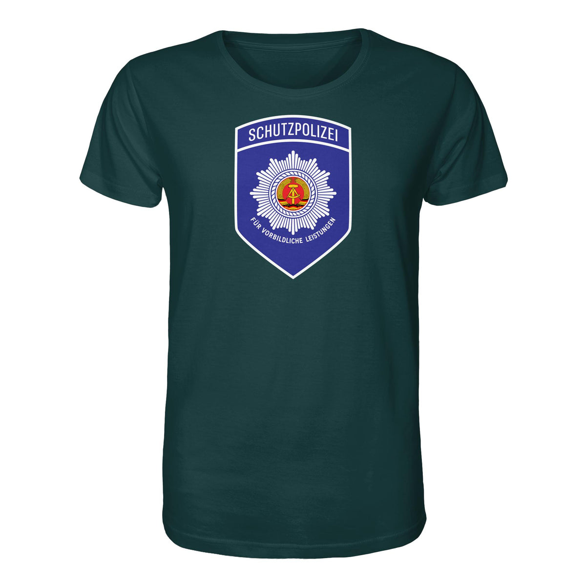 DDR Ostalgie Bio-Shirt Unisex • SCHUTZPOLIZEI - FÜR VORBILDLICHE LEISTUNGEN (ORIGINAL-AUFNÄHER)