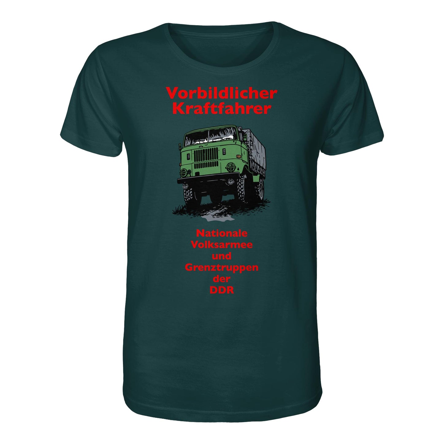 DDR Ostalgie Bio-Shirt Unisex • VORBILDLICHER KRAFTFAHRER, NVA (ORIGINAL WIMPELMOTIV)