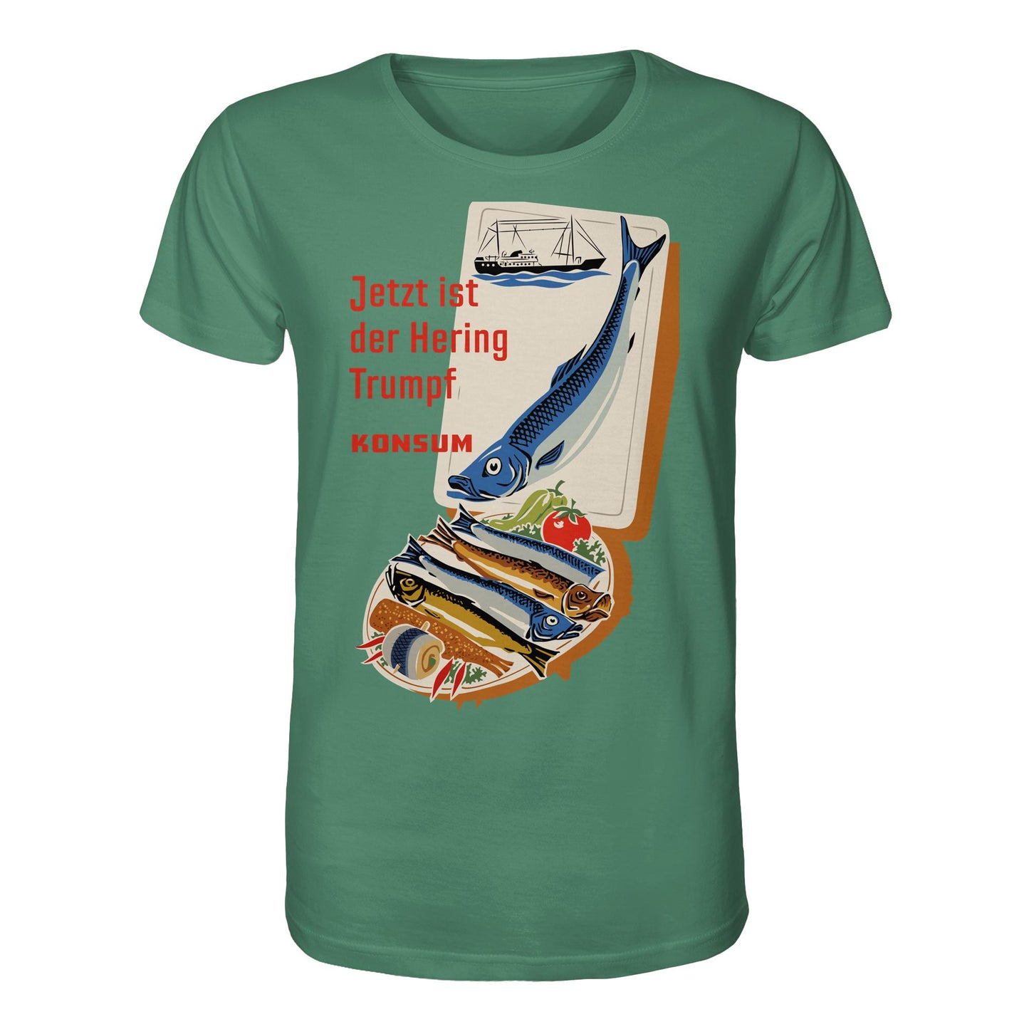 DDR Ostalgie Bio-Shirt Unisex • JETZT IST DER HERING TRUMPF (ORIGINAL KONSUM-PLAKAT)