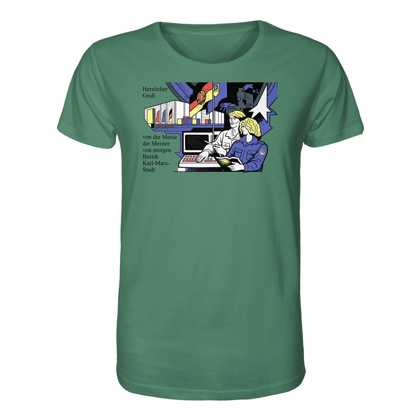 DDR Ostalgie Bio-Shirt Unisex • MESSE DER MEISTER VON MORGEN, KARL-MARX-STADT (ORIGINAL BRIEFMARKE)