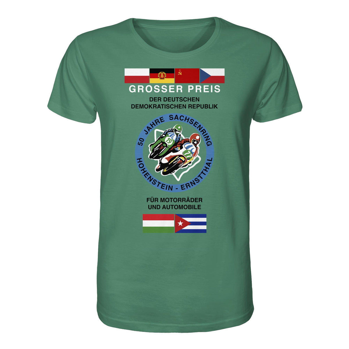 DDR Ostalgie Bio-Shirt Unisex • 50 JAHRE SACHSENRING - GROSSER PREIS DER DDR 1977