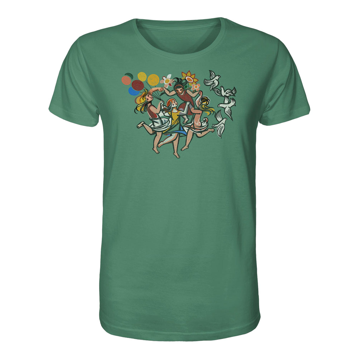 DDR Ostalgie Bio-Shirt Unisex • WALTER WOMACKA - TANZENDE MÄDCHEN MIT FRIEDENSTAUBEN (MOSAIK HAUS DES LEHRERS, 1964)