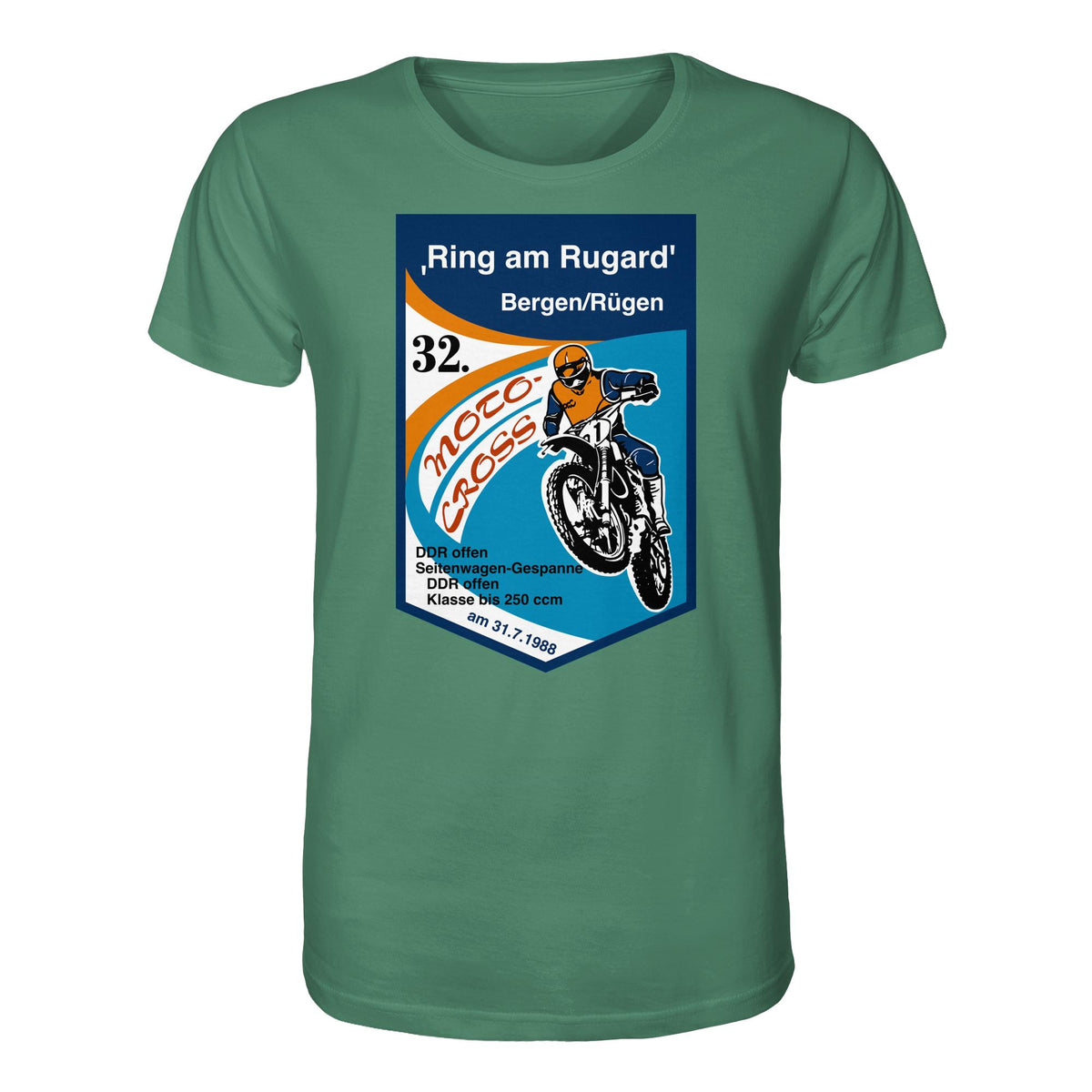 DDR Ostalgie Bio-Shirt Unisex • RING AM RUGARD, RÜGEN 32. MOTO-CROSS-RENNEN 1988 (ORIGINAL-WIMPEL)