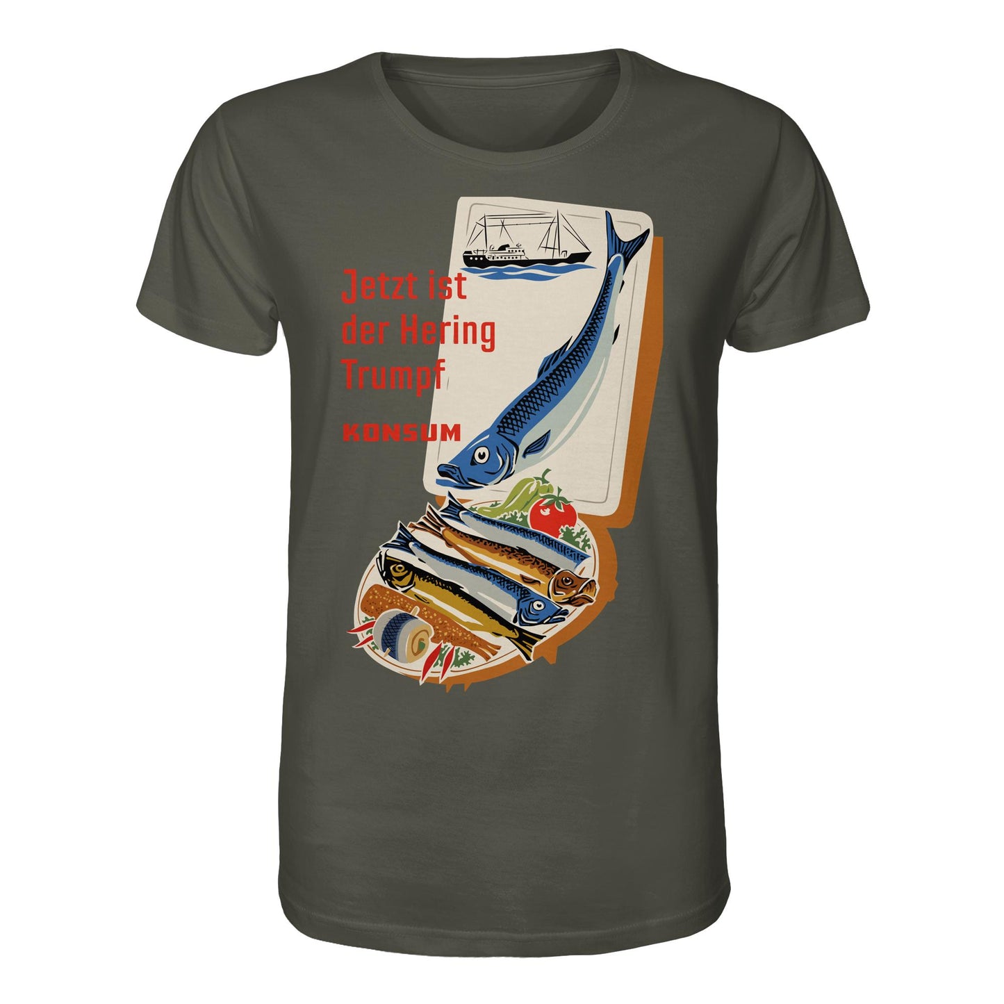 DDR Ostalgie Bio-Shirt Unisex • JETZT IST DER HERING TRUMPF (ORIGINAL KONSUM-PLAKAT)