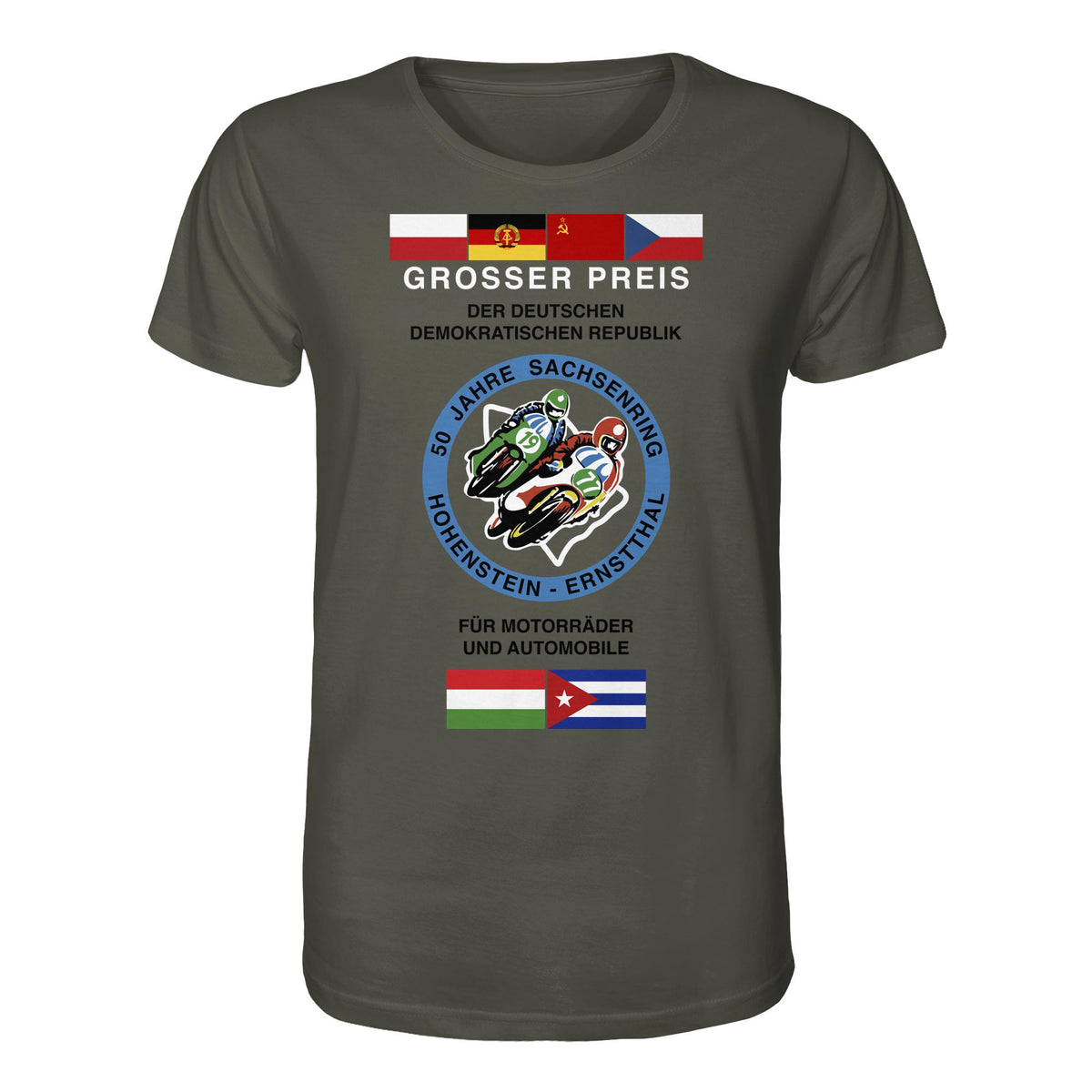 DDR Ostalgie Bio-Shirt Unisex • 50 JAHRE SACHSENRING - GROSSER PREIS DER DDR 1977