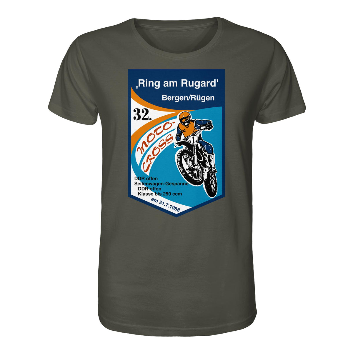 DDR Ostalgie Bio-Shirt Unisex • RING AM RUGARD, RÜGEN 32. MOTO-CROSS-RENNEN 1988 (ORIGINAL-WIMPEL)