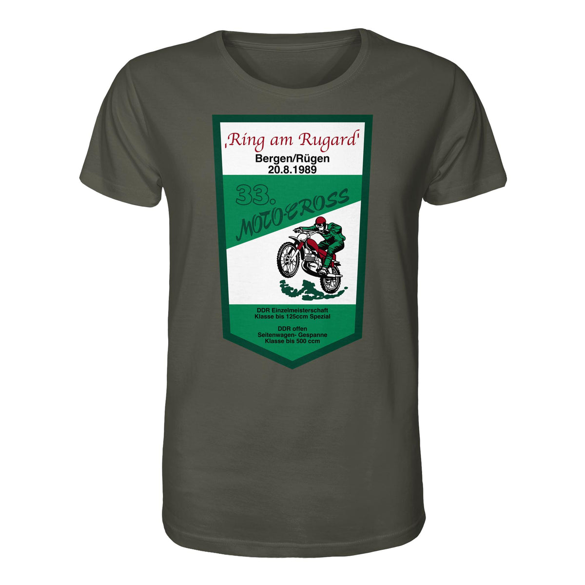 DDR Ostalgie Bio-Shirt Unisex • RING AM RUGARD, RÜGEN 33. MOTO-CROSS-RENNEN 1989 (ORIGINAL-WIMPEL)