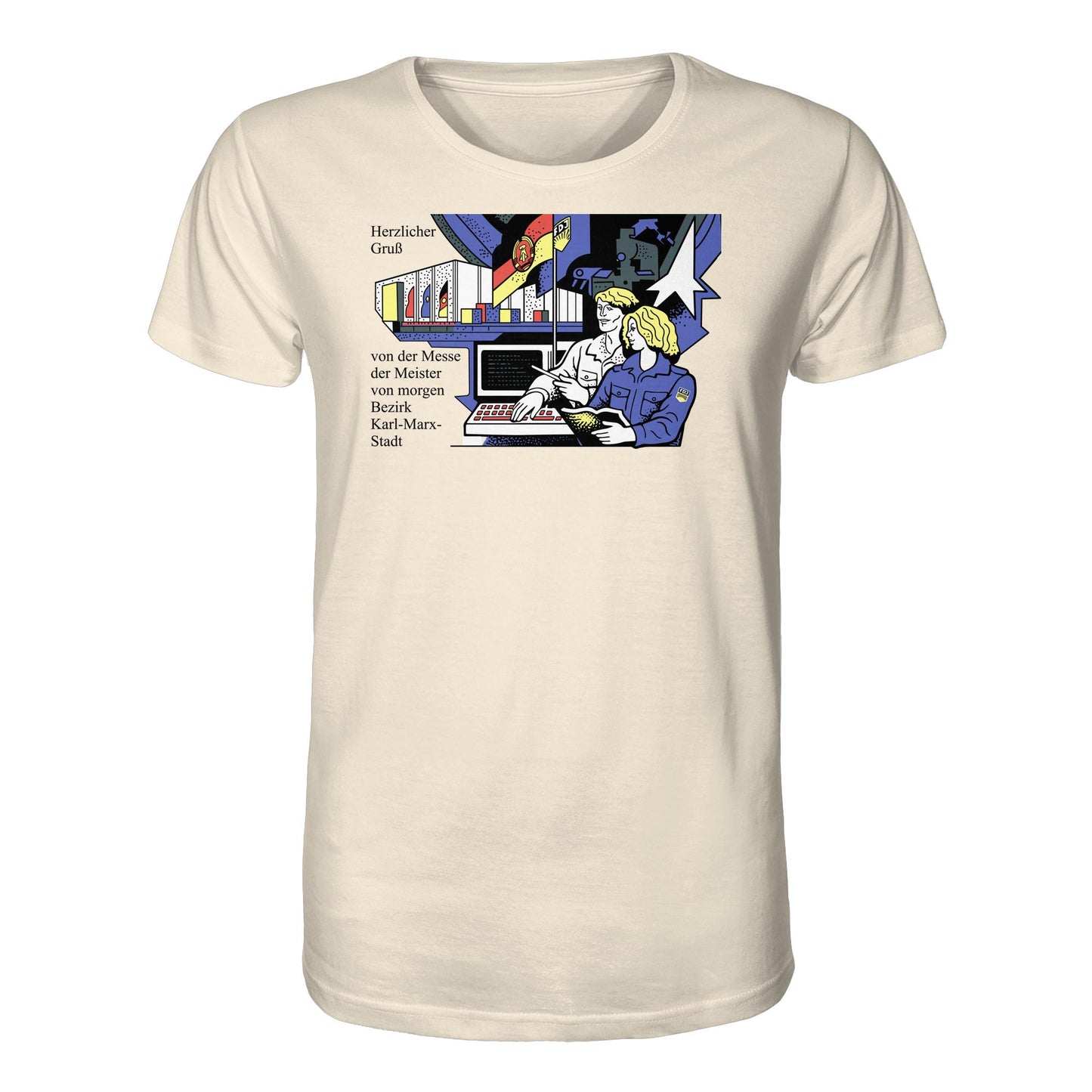 DDR Ostalgie Bio-Shirt Unisex • MESSE DER MEISTER VON MORGEN, KARL-MARX-STADT (ORIGINAL BRIEFMARKE)