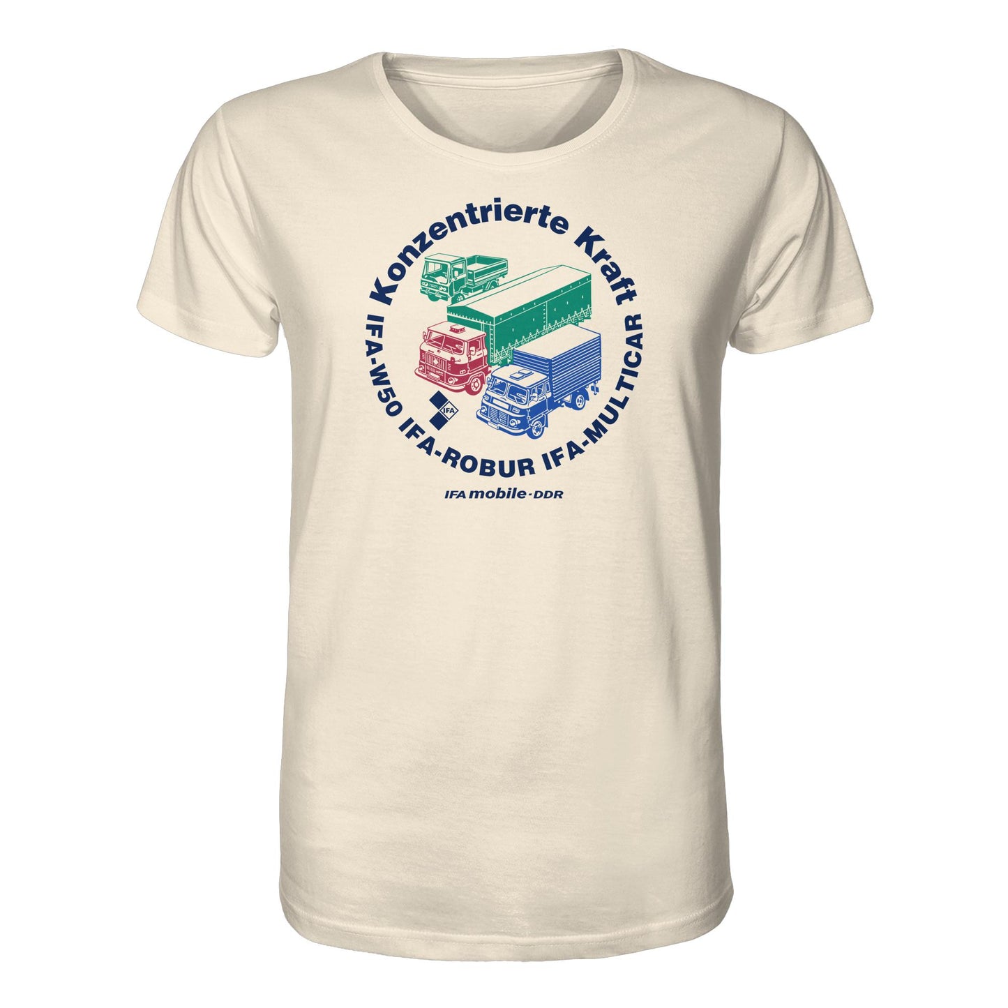DDR Ostalgie Bio-Shirt Unisex • IFA KONZENTRIERTE KRAFT - W50, ROBUR, MULTICAR (ORIGINAL WIMPELMOTIV)