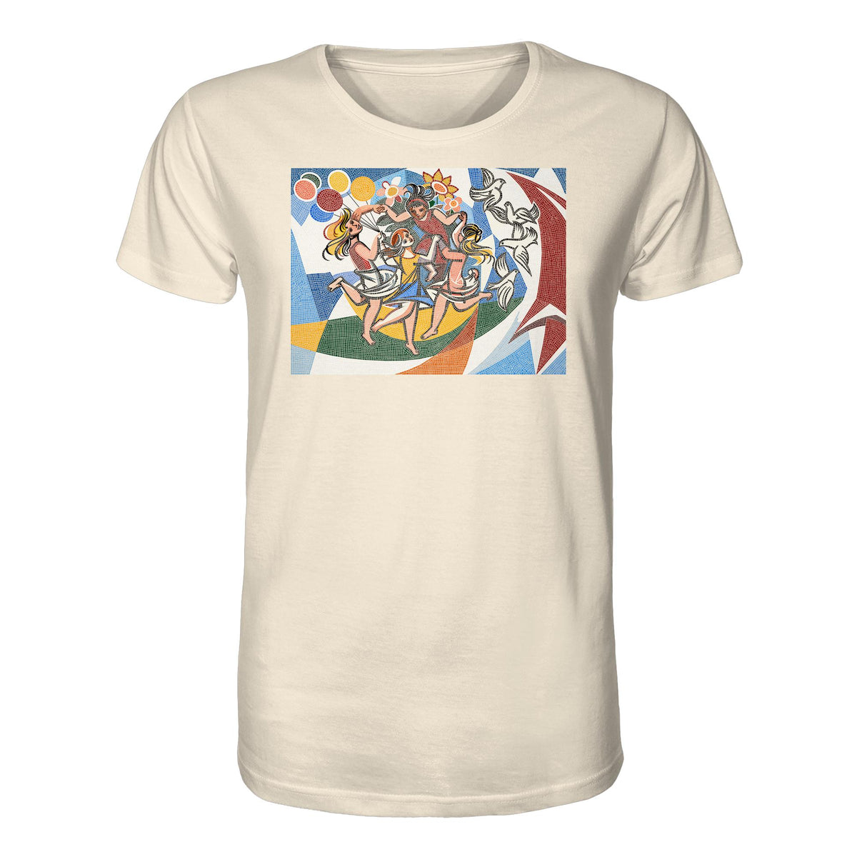 DDR Ostalgie Bio-Shirt Unisex • WALTER WOMACKA - TANZENDE MÄDCHEN MIT FRIEDENSTAUBEN MIT MOSAIK-HINTERGRUND (HAUS DES LEHRERS, 1964)