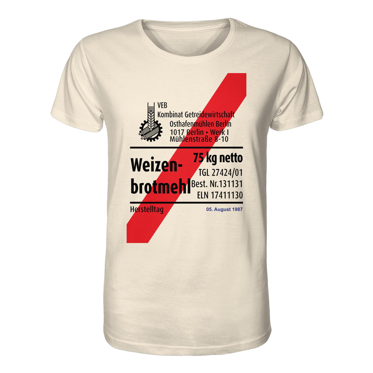 DDR Ostalgie Bio-Shirt Unisex • WEIZENMEHL - VEB KOMBINAT GETREIDEWIRTSCHAFT (ORIGINAL-VERPACKUNG)