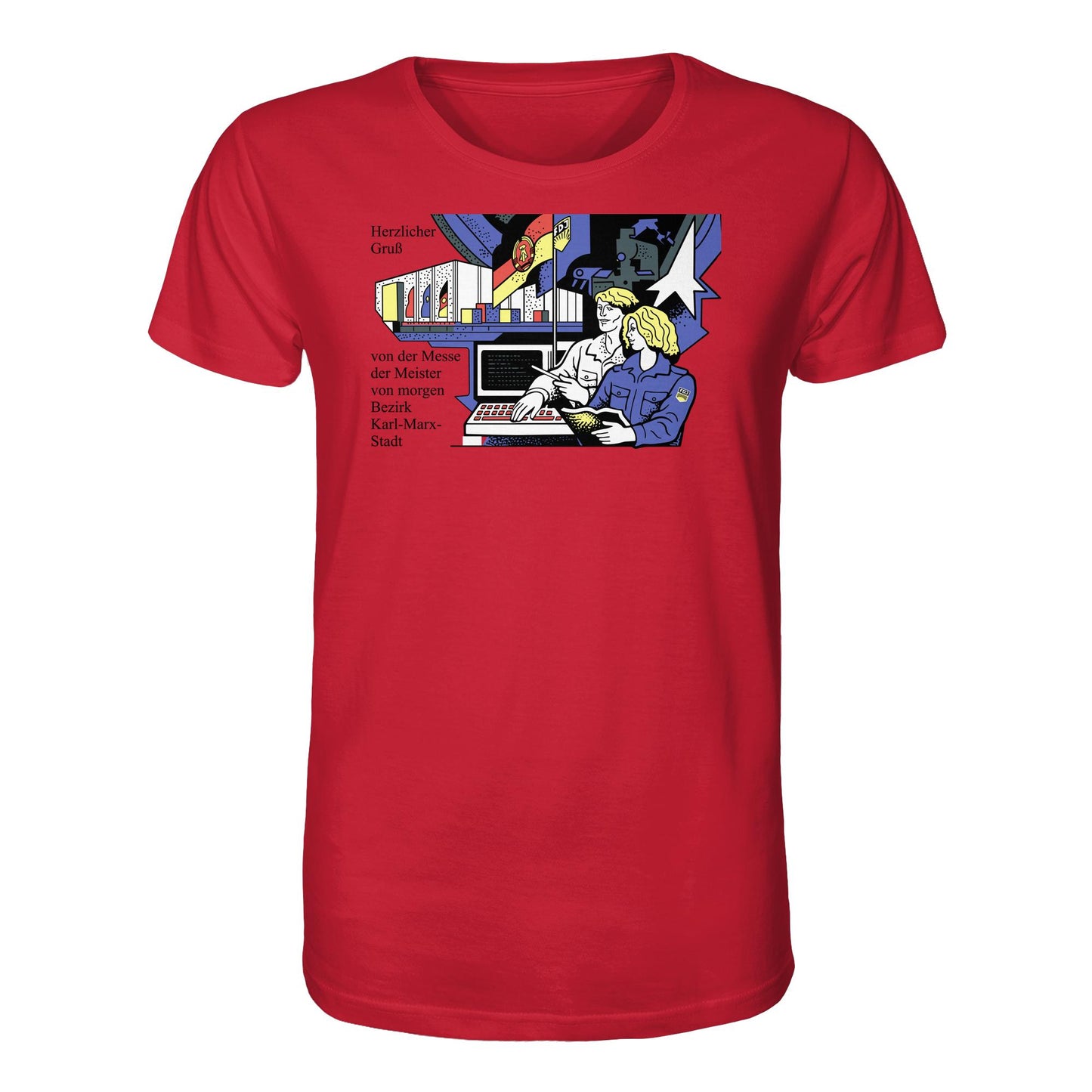 DDR Ostalgie Bio-Shirt Unisex • MESSE DER MEISTER VON MORGEN, KARL-MARX-STADT (ORIGINAL BRIEFMARKE)