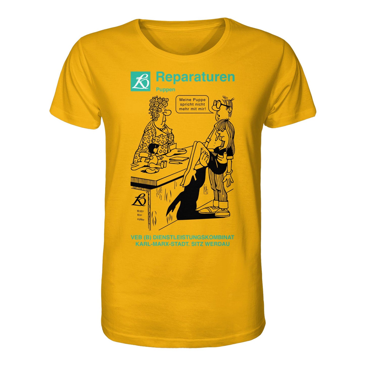 DDR Ostalgie Bio-Shirt Unisex • VEB REPARATUREN, PUPPEN, WERDAU - KARL-MARX-STADT (ORIGINAL POSTER)
