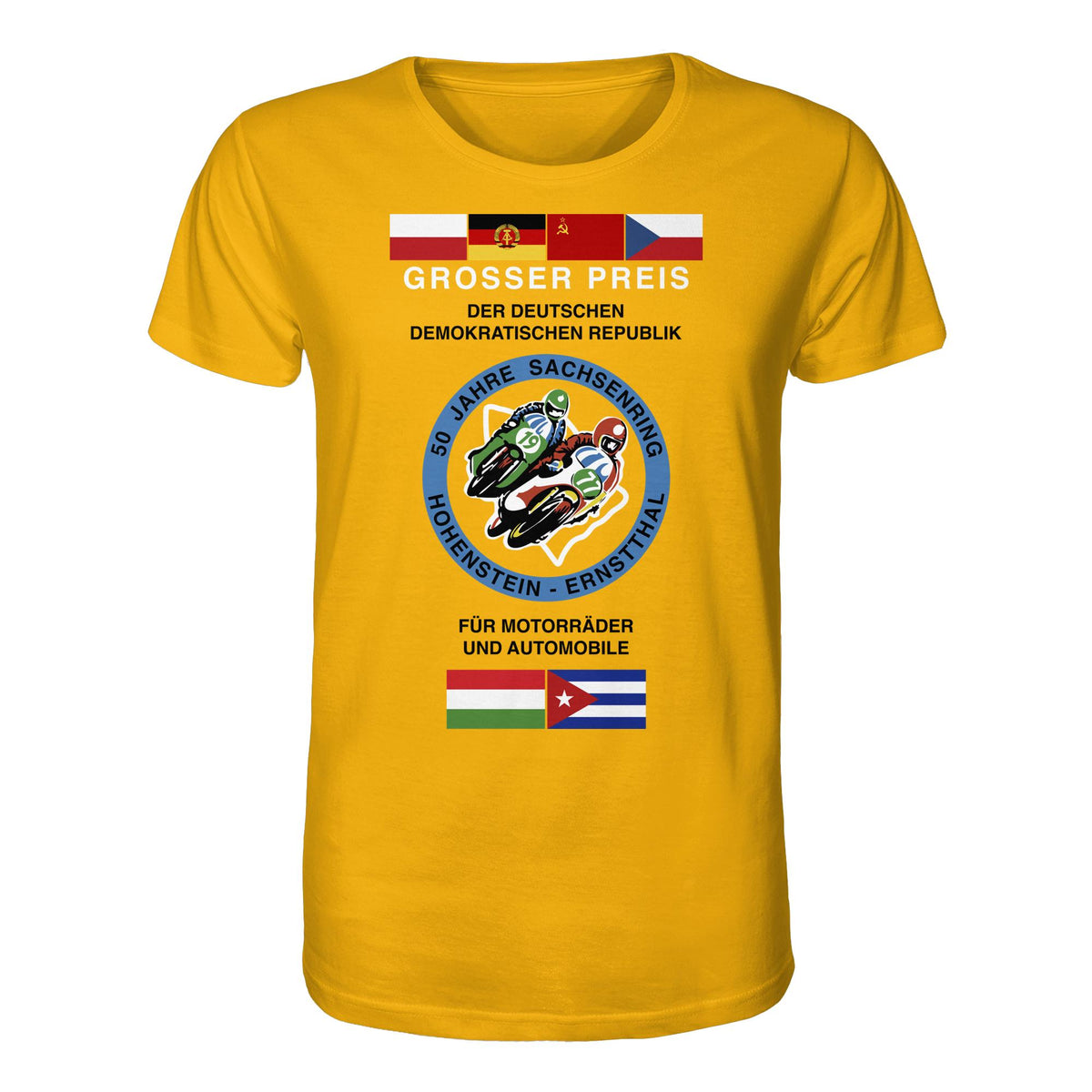 DDR Ostalgie Bio-Shirt Unisex • 50 JAHRE SACHSENRING - GROSSER PREIS DER DDR 1977